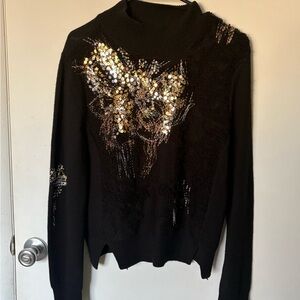 Anthropologie Eclectic Beaded/Stitch detail Black Knit Sweater